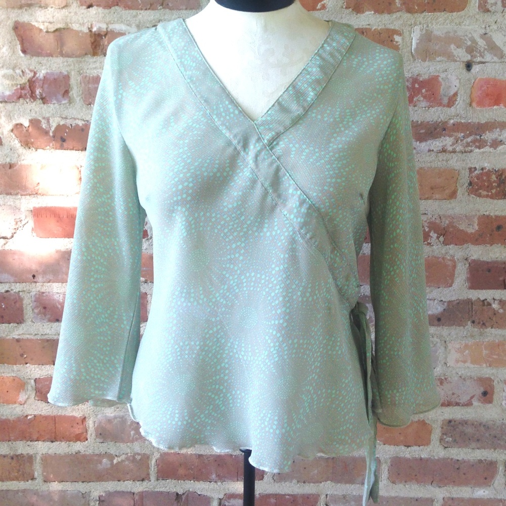 Seafoam Green/Blue 3/4 Sleeve Faux Wrap Top L